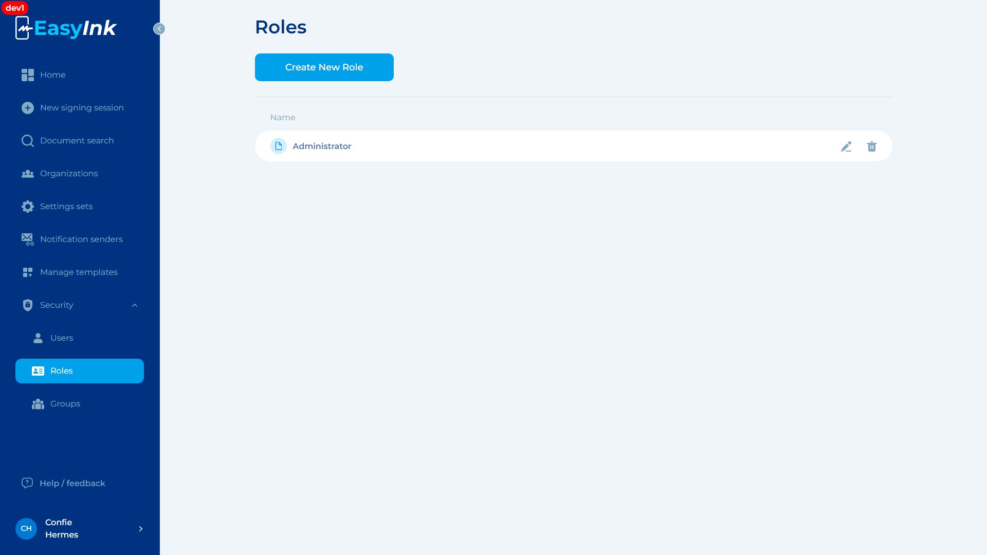 Roles list page showing existing roles with Name column and Edit/Delete buttons
