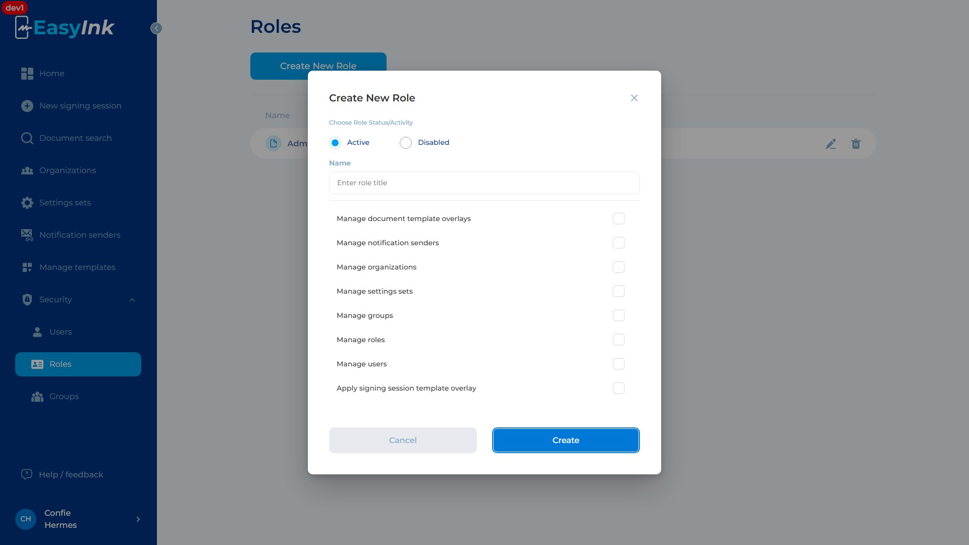 Create New Role dialog with status selection, name field, and permissions checkboxes