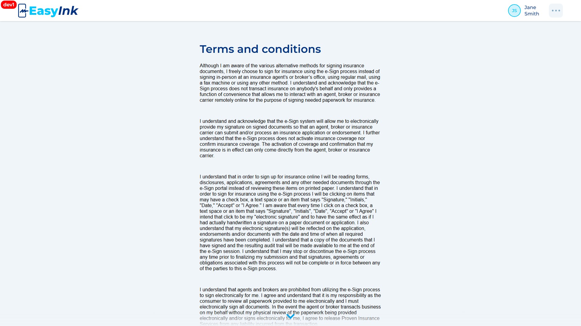 Terms and Conditions page with header showing EasyInk logo, user initials, and participant name