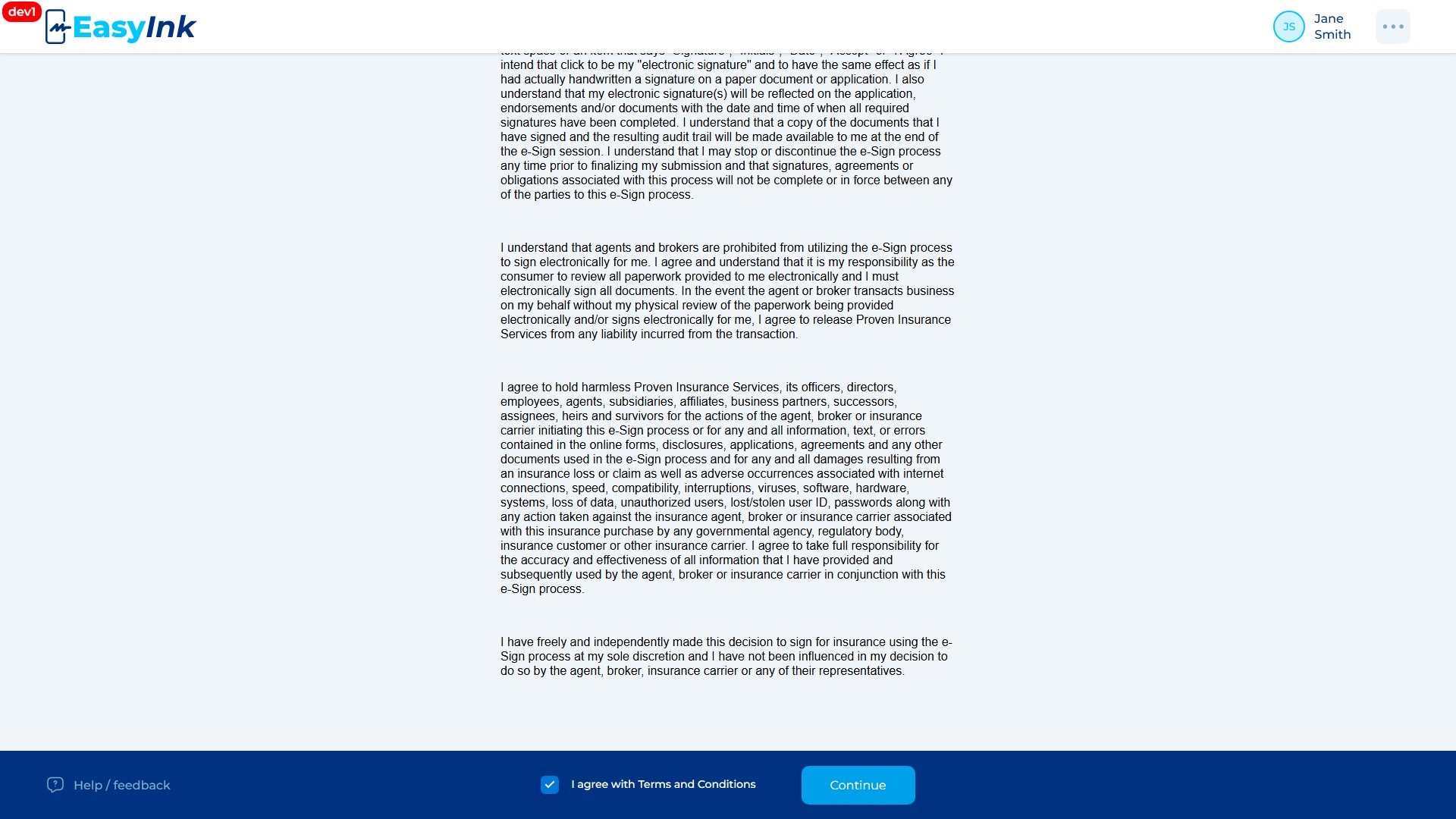 Terms and Conditions content with the agree checkbox checked and the Continue button active