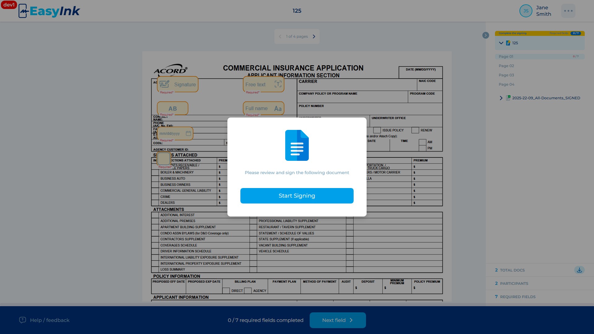 Start Signing modal with instructions and the blue Start Signing button
