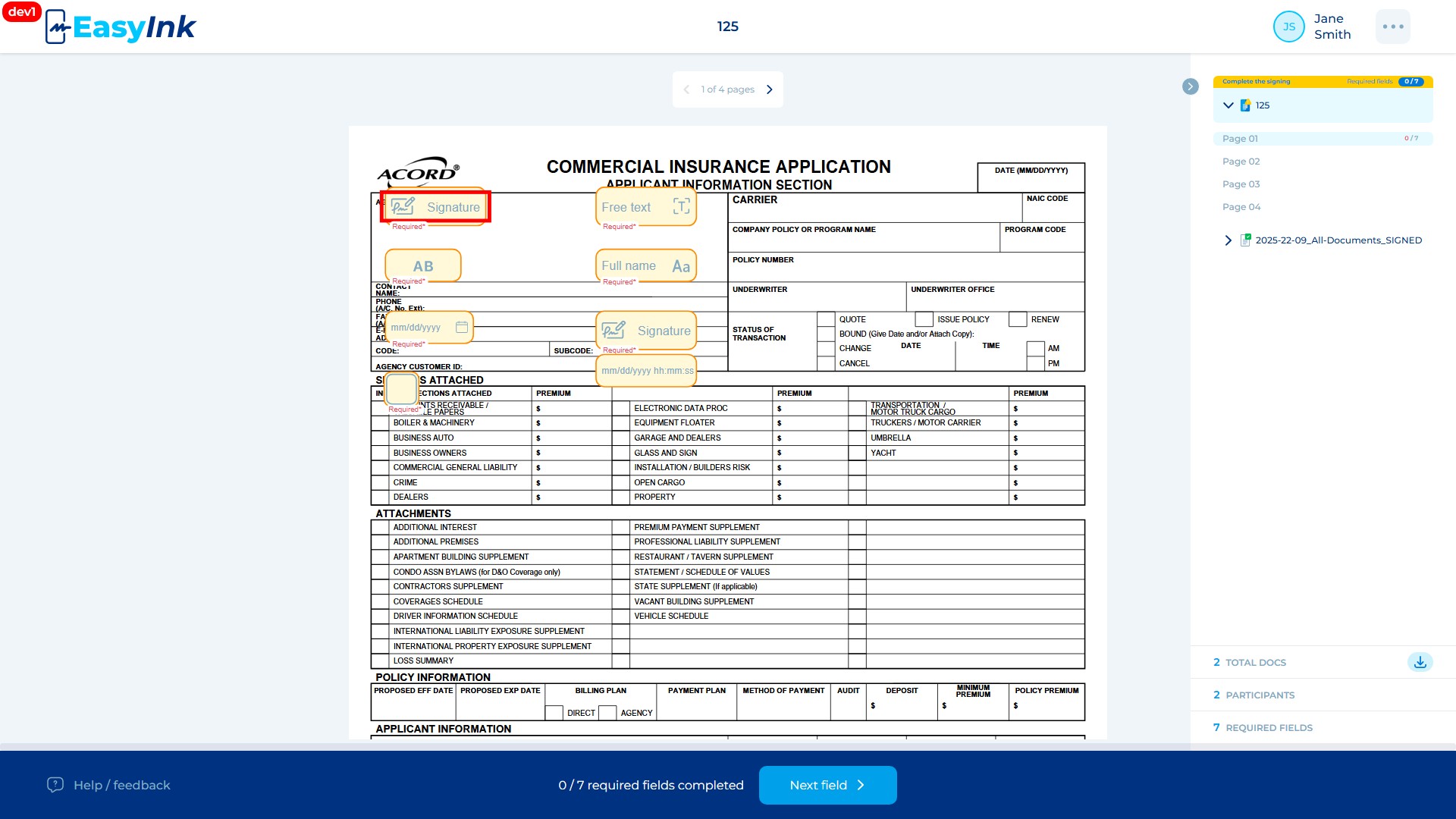Signature field highlighted with red border on the document