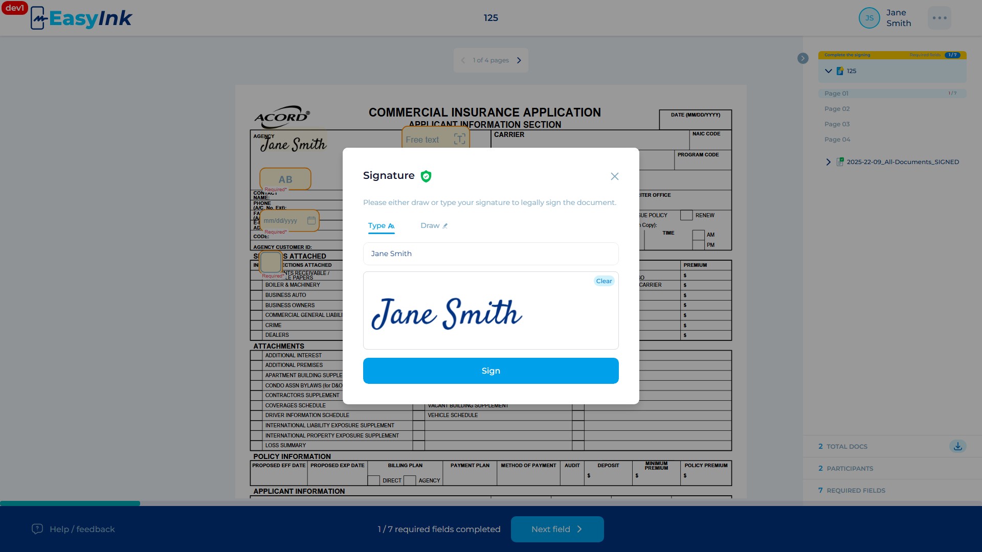 Type tab showing typed signature with the Clear button
