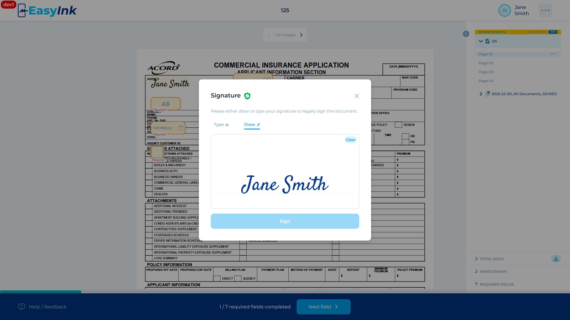 Draw tab with the signature drawing area, disabled Sign button, and Clear button