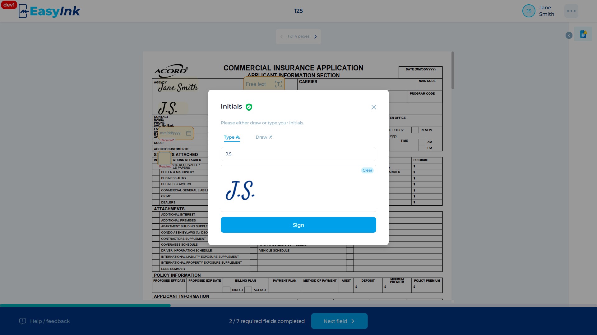 Type tab showing printed initials and capital initials options