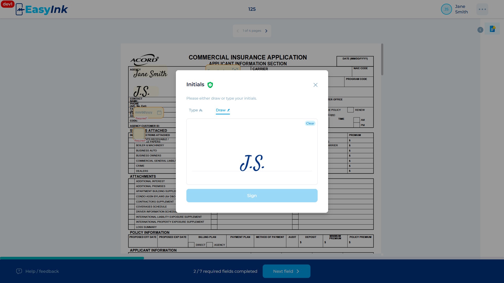 Draw tab with the initials drawing area