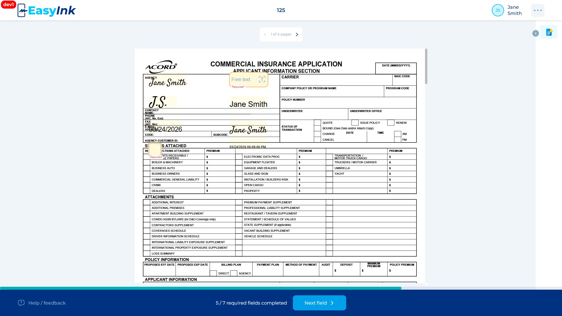Full Name field auto-filled with the signer's full name