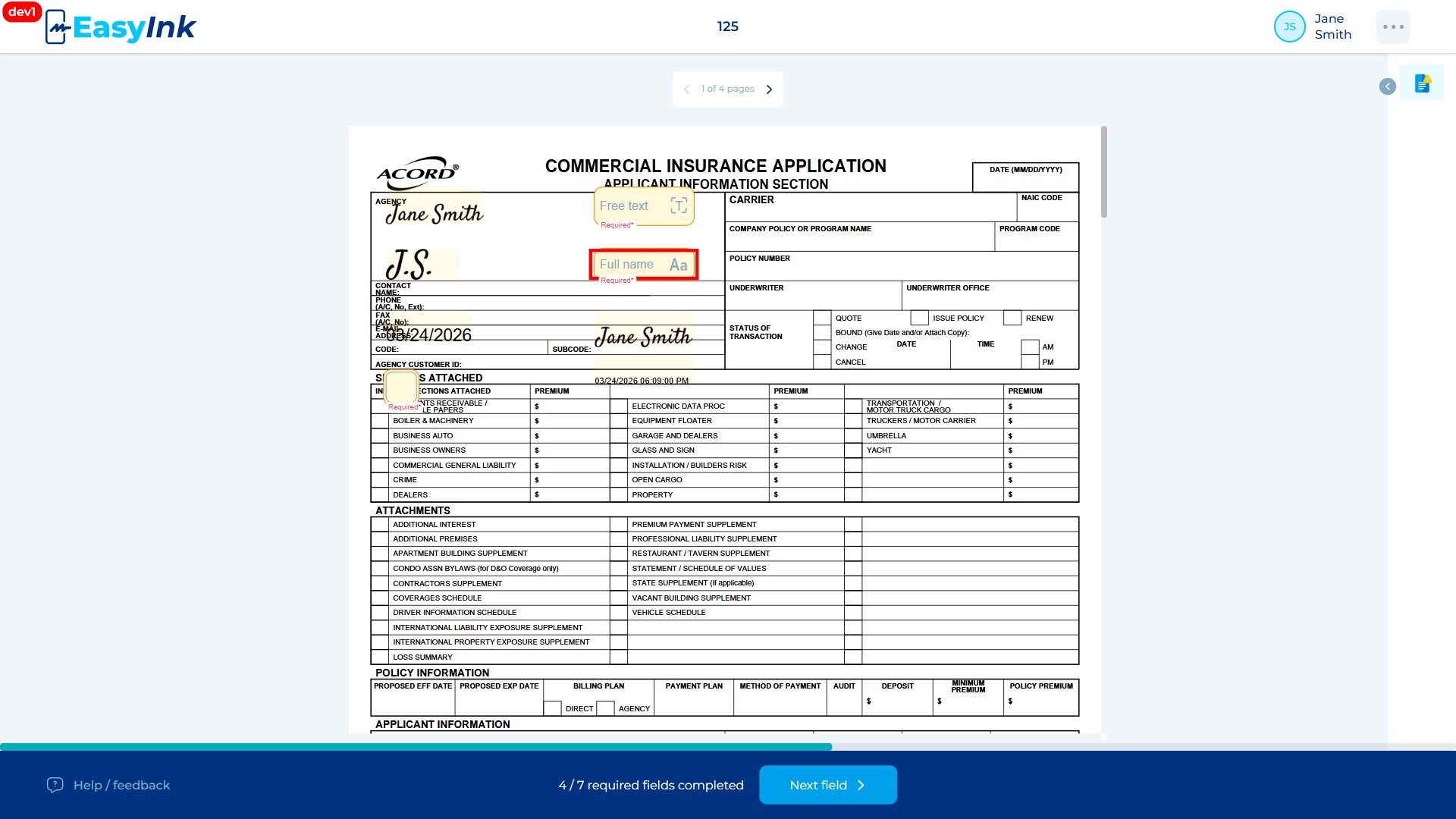 Full Name field highlighted with red border on the document