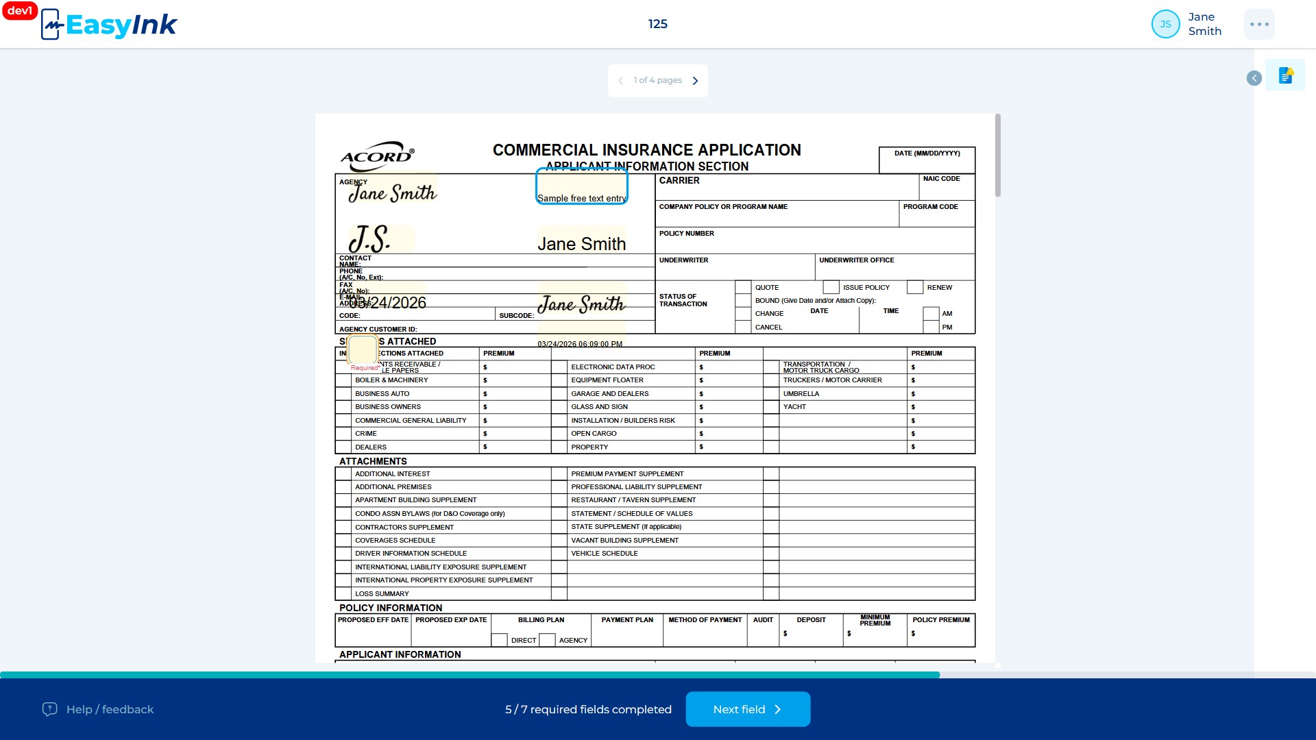 Free Text field with left alignment showing typed text