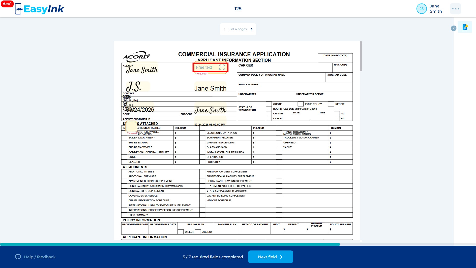 Free Text field highlighted with red border on the document