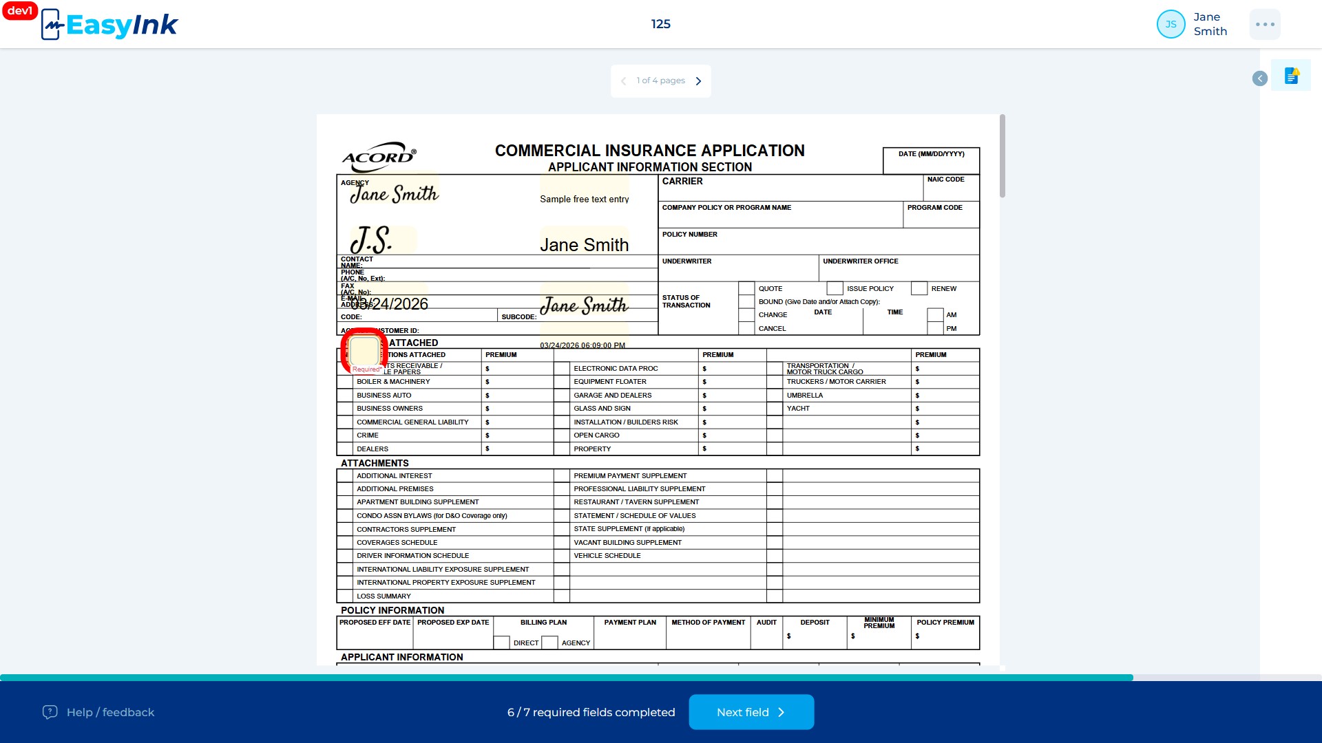 Checkbox field highlighted with red border on the document