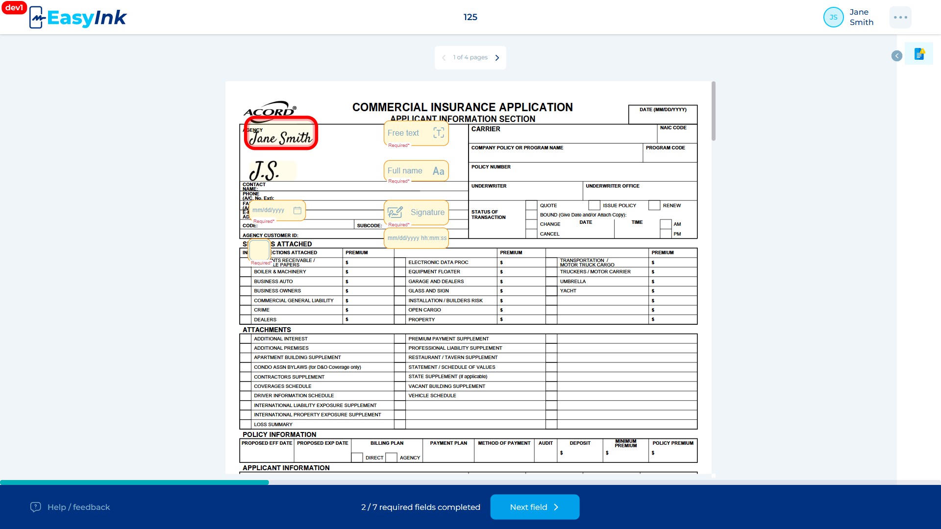 Already-signed field highlighted with red border on the document