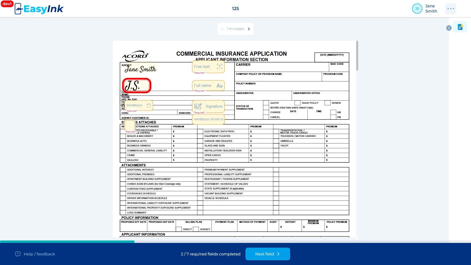 Already-signed field highlighted with red border on the document