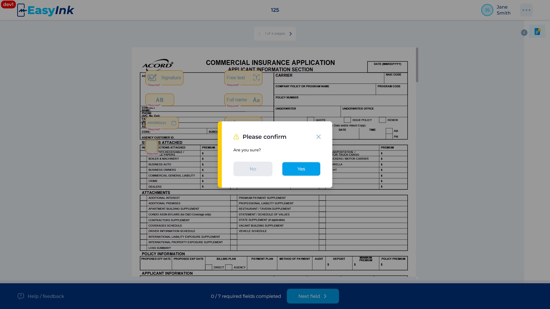 Confirmation dialog for declining with Confirm and Cancel options