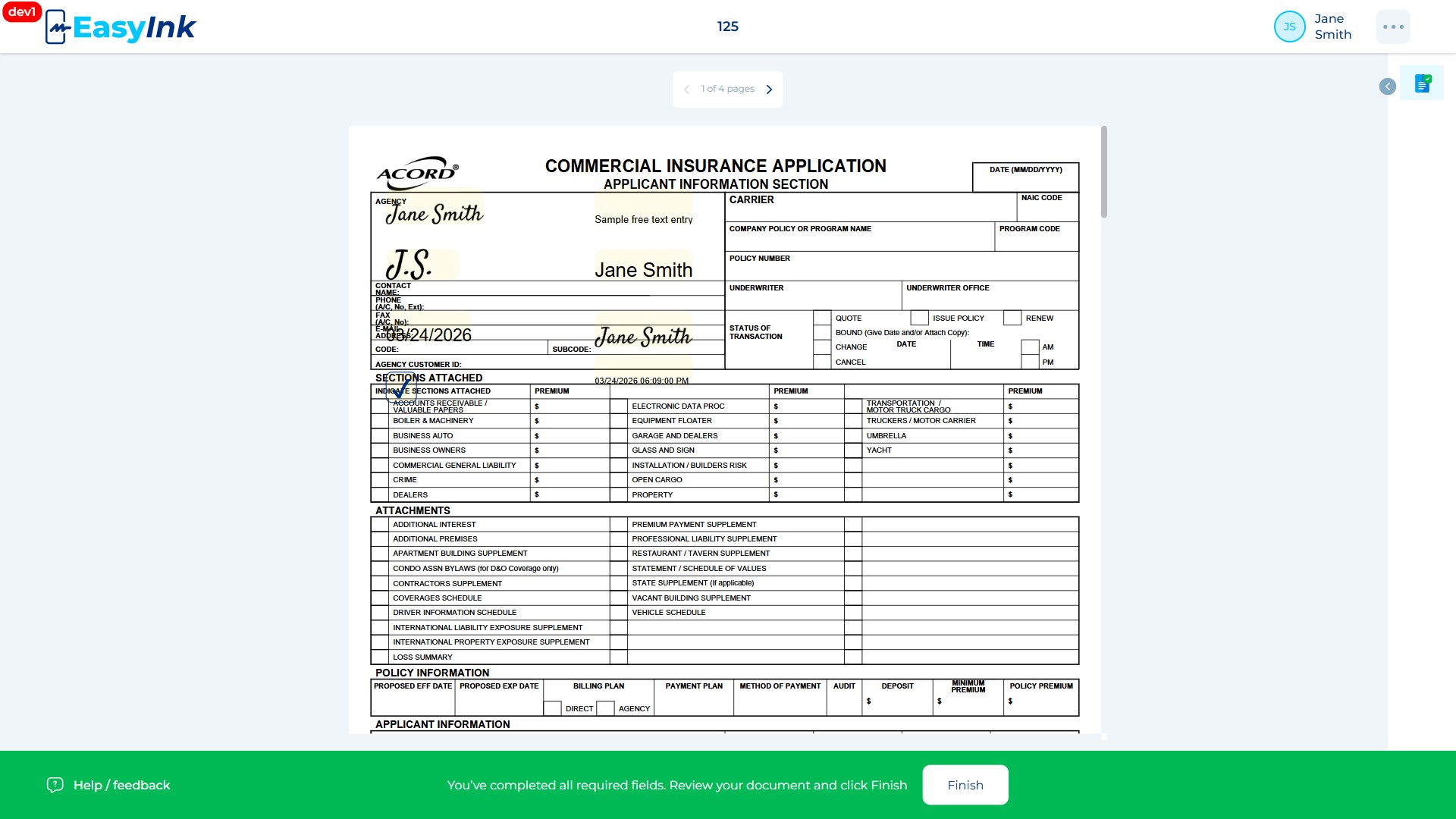 Finish button enabled and ready to click after all required fields are completed