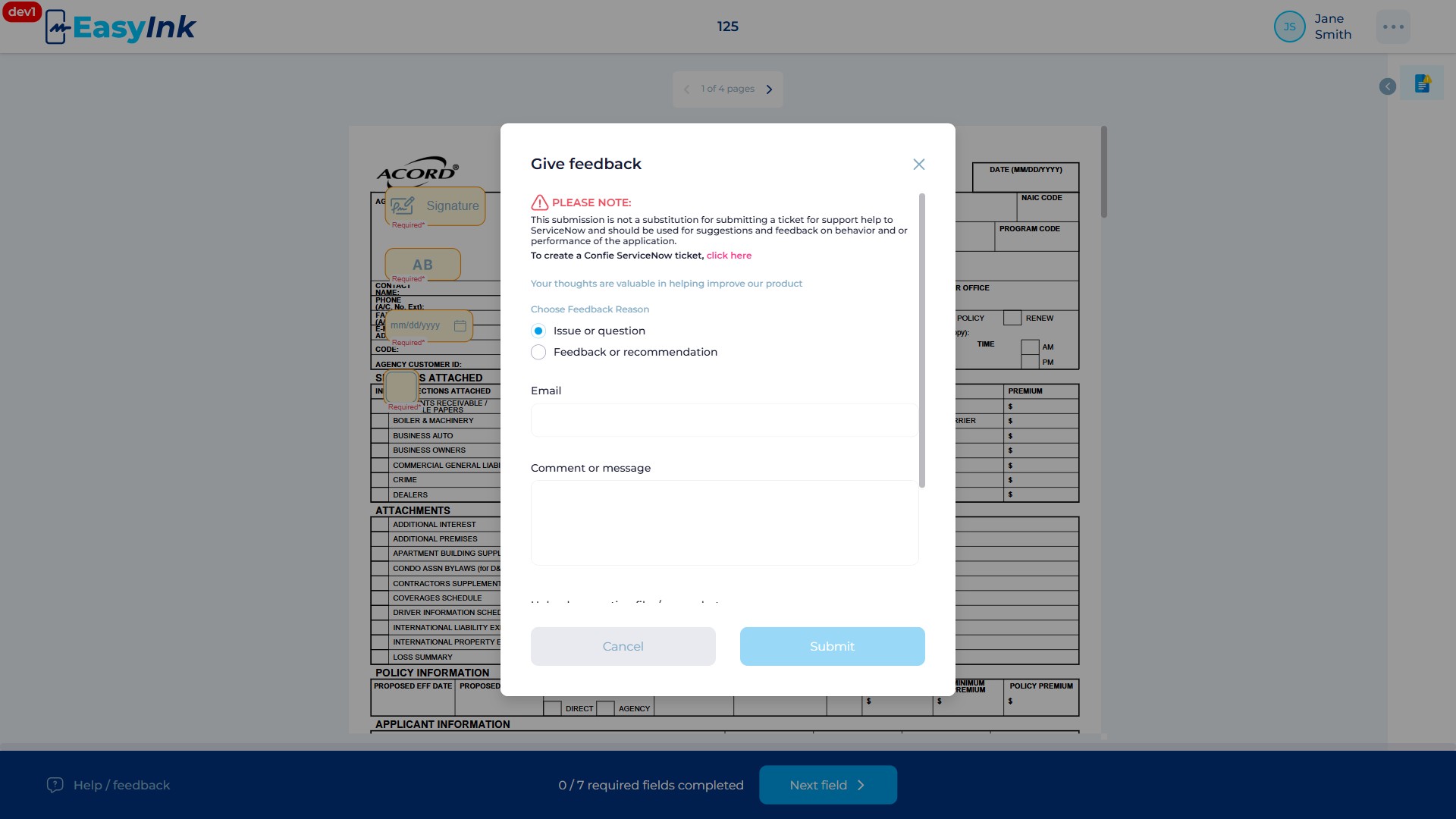 Give feedback modal opened from the Help/Feedback button
